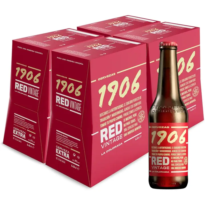 1906 Red Vintage - Cerveza Lager Extra, Pack de 24 Botellas x 33 cl, Sabor Amargo y Ligeramente Picante, Galardonada Internacionalmente, 8% Volumen de Alcohol - 1
