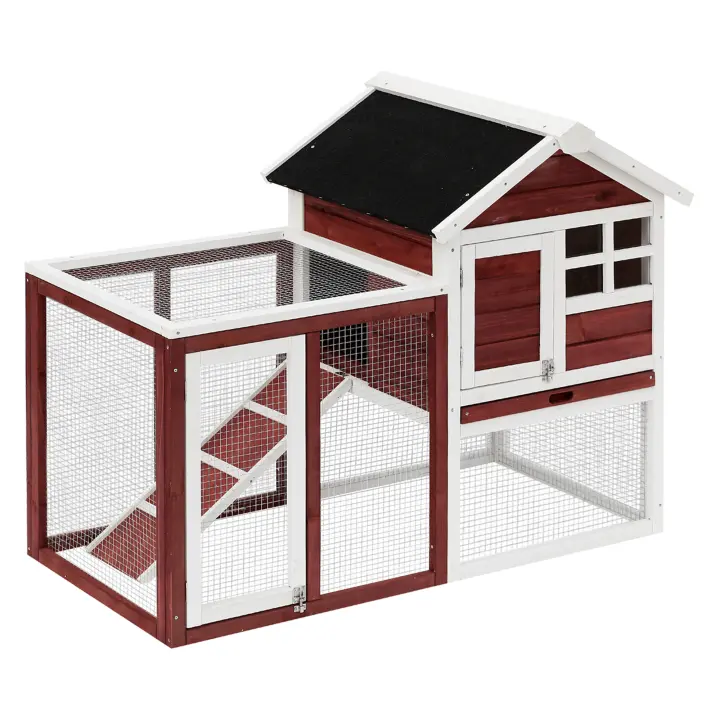 PawHut Conejera de Madera Exterior de 2 Niveles Jaula para Conejos Mascotas Pequeñas con Zona Abierta Techo Asfáltico Bandeja Extraíble y Rampa 122x62,6x92 cm Madera Rojiza - 1