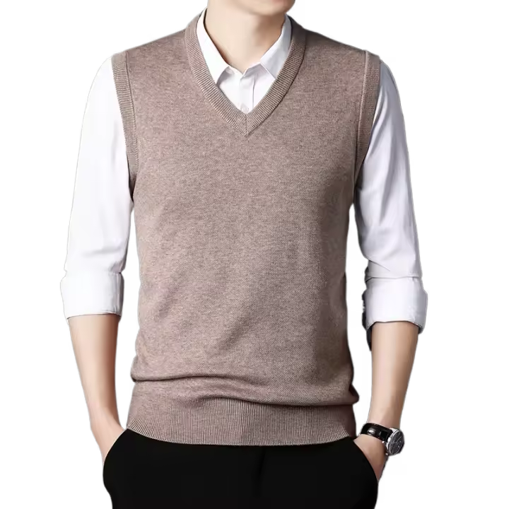 Chaleco De Suéter Para Hombre Color Sólido Moda Casual Cálido Sin Mangas Cómodo Para Primavera Y Otoño V-Neck Material De Algodón Y Lana Delgada - 1