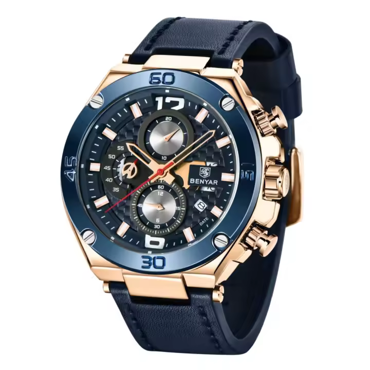 Reloj De Pulsera Deportivo Multifuncional Para Hombre BENYAR 2023 Cronógrafo De Cuarzo Resistente Al Agua 30M Con Manos Luminosas Y Calendario Completo Material De Correa De Cuero - 1