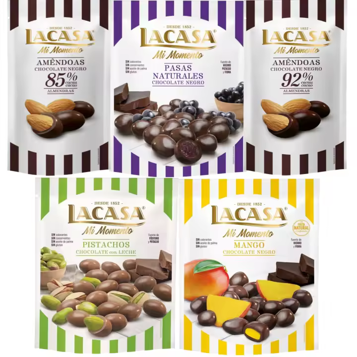 Lacasa Mi Momento pack de 5:Almendra 92% ,Almendra 85% ,Pasas Chocolate Negro ,Pistacho Chocolate Leche ,Mango Chocolate Negro - 1