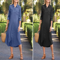 Vestido De Denim Vintage De Verano 2024 Para Mujer Estilo Callejero Elegante Con Bolsillos Y Cuello Volteado De Medio Tamaño - details 2