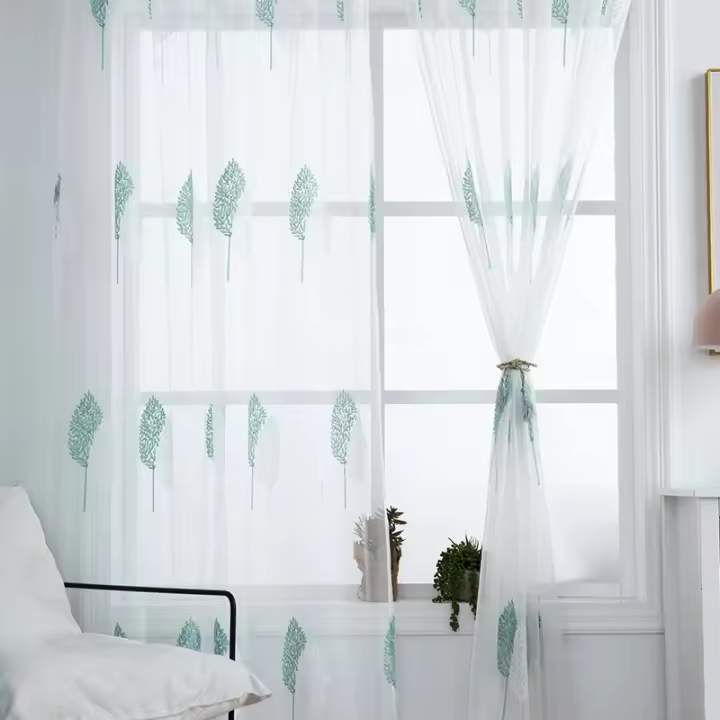 Cortina De Tules Bordadas 1PC Para Sala De Estar Y Dormitorio Con Diseño De Árboles Doble Hoja Translúcida Azul Y Blanco Para Ventana De Bahía - 1