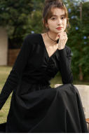 MISHOW Vestido Negro Tejido a Mano Con Ajuste Para Mujer Primavera/Otoño V-cuello Elegante Vintage A-line Midi Vestido MXC59L1640 - details 17