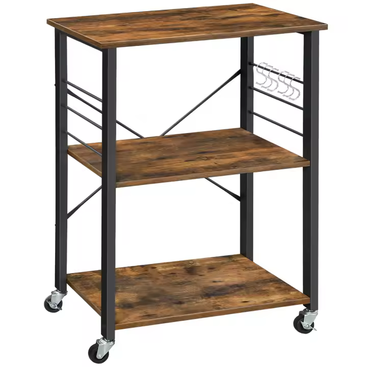 VASAGLE Estantería de Cocina con Ruedas, Carrito de Servicio de 3 Niveles, Estantería para Microondas, Horno, Tostadora, Marco de Metal con 6 Ganchos, Industrial, Gris y Negro/Marrón Rústico + Negro/Ébano y Negro/Roble Dorado y Blanco Nube - 1