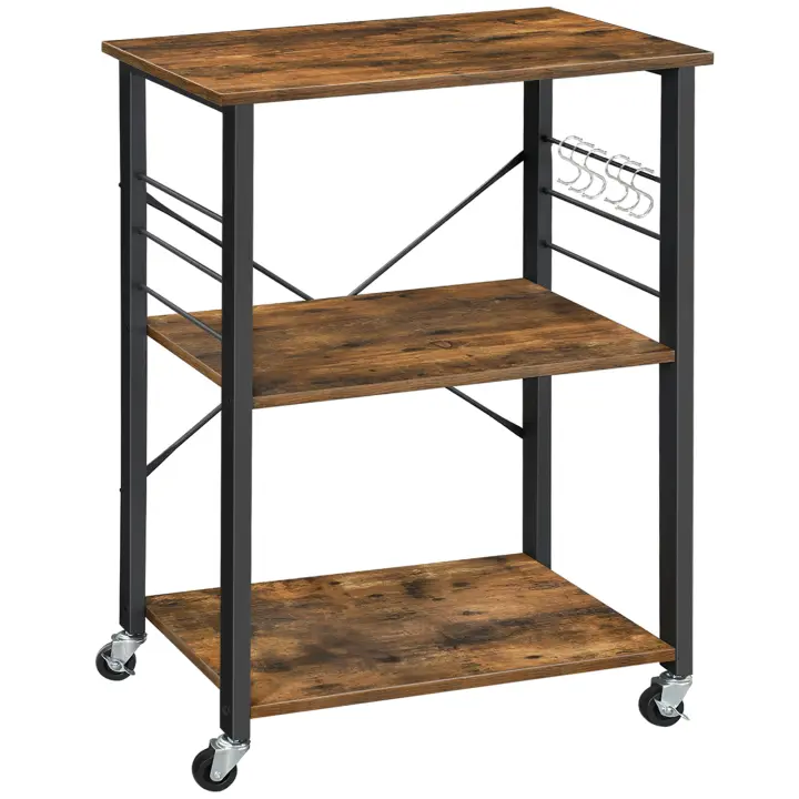 VASAGLE Estantería de Cocina con Ruedas, Carrito de Servicio de 3 Niveles, Estantería para Microondas, Horno, Tostadora, Marco de Metal con 6 Ganchos, Industrial, Gris y Negro/Marrón Rústico + Negro/Ébano y Negro/Roble Dorado y Blanco Nube - 1