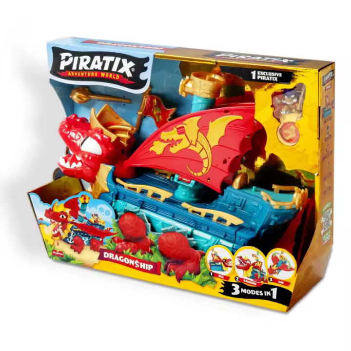 PIRATIX Dragon Ship – Barco Dragón de Piratix Todo Terreno 3 en 1: Tierra, Mar y Aire. Contiene 1 Barco Dragón, 1 Piratix Exclusivo, 1 Tesoro Exclusivo, 1 Bandera y 1 proyectil - 1