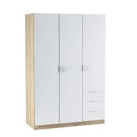 Meimon Armario ropero de 3 puertas y 3 cajones con barra de colgar extraíble, estantes regulables en altura y tiradores lacados en blanco; fabricado en melamina TIPO E1 y MDF lacado, acabado en Roble Canadian y Blanco Artik - details 0