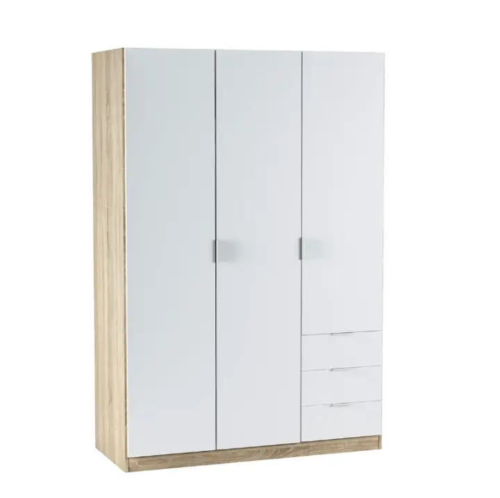Meimon Armario ropero de 3 puertas y 3 cajones con barra de colgar extraíble, estantes regulables en altura y tiradores lacados en blanco; fabricado en melamina TIPO E1 y MDF lacado, acabado en Roble Canadian y Blanco Artik - 1