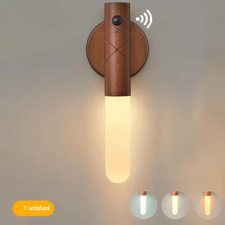 Luz Nocturna LED De Madera Con Sensor De Movimiento USB Recargable Dimmer 3 Temperaturas De Color Soporte De Pared Magnético - 1
