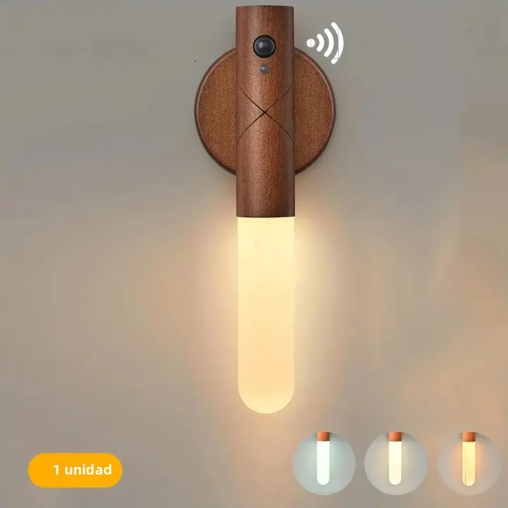 Luz Nocturna LED De Madera Con Sensor De Movimiento USB Recargable Dimmer 3 Temperaturas De Color Soporte De Pared Magnético - 1