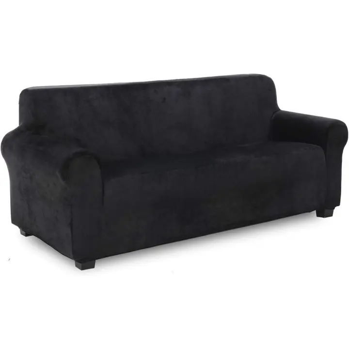Funda de Sofá 3 Plazas Terciopelo,Cubierta Suave del sofá de la Felpa del Terciopelo para,Cubiertas Elegantes de los Muebles de Elástico Antideslizante Funda sillón (3 Plazas, Negro) - 1
