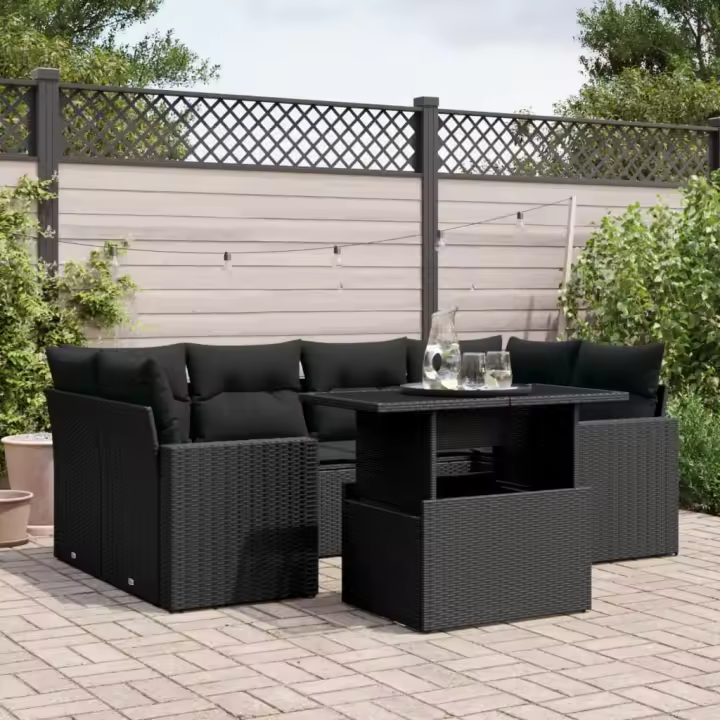 vidaXL Set de sofás de jardín 7 pzas con cojines ratán sintético negro - 1