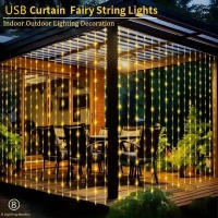 Luces De Cortina LED Con USB Y Control Remoto De 8 Modos Para Bodas Casas Fiestas Pared Ventanas Jardín Navidad Decoraciones - details 0