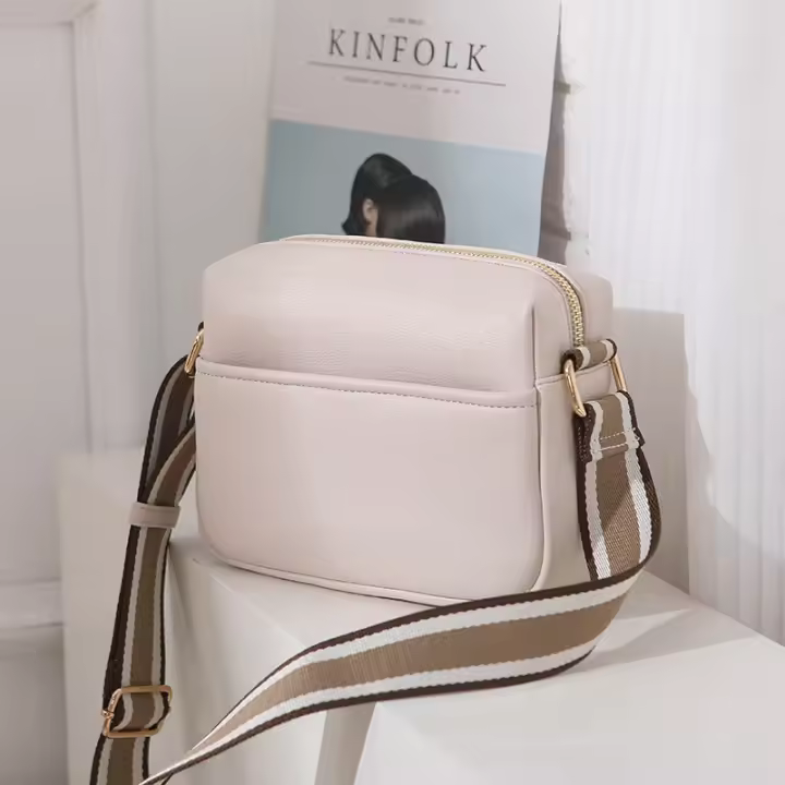 Bolso De Hombro Para Mujer En Cuero Sólido Con Correa Ancha De Tela Bolso Cruzado De Moda Con Cierre De Cremallera Bolsa De Mano Versátil - 1