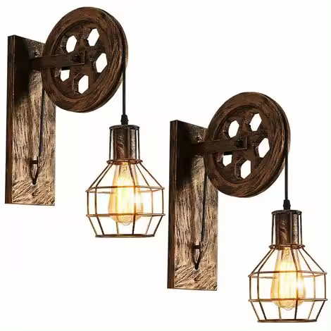 2x Apliques Murale Industrielle Poulie Vintage Lampe de Mur Luminaire Intérieur pour Chambre Salon Restaurant, Laiton - 1