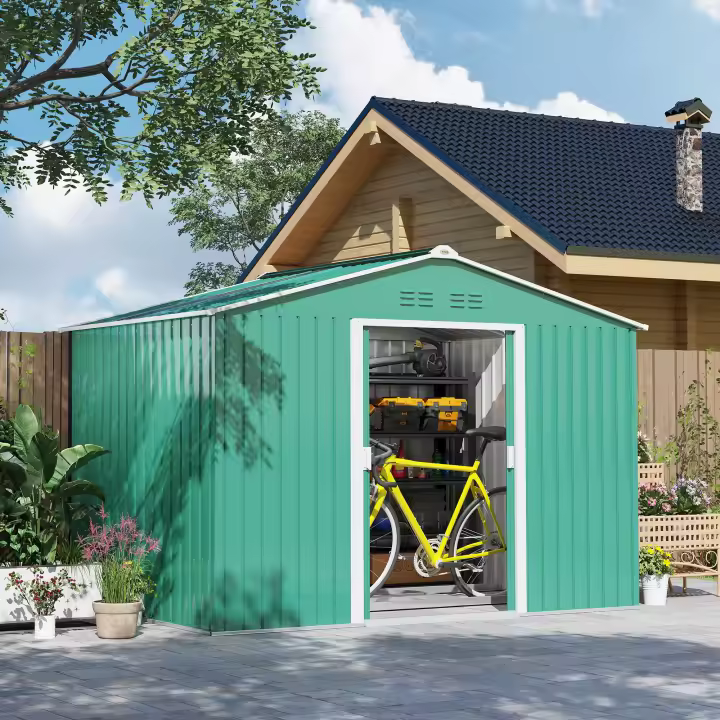 Outsunny Caseta de Jardín Exterior 4,9 m² 277x195x192 cm Cobertizo de Jardín Exterior con Puerta Corredera Techo de Fibra de Vidrio Base Refuerzo (Suelo NO Incluido) y 4 Ventanas - 1