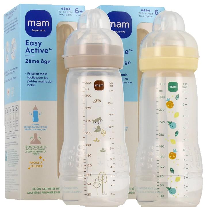 MAM Pack de 2 biberones - Biberón, a partir de 6 Meses, 330ml, con Tetina X Especial Líquidos Espesos de Silicona de Fácil Aceptación, Fácil de Sostener, Fácil de Limpiar, MAM Easy Active, Neutro, Pack de 2ud