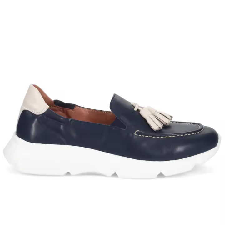 Zapatillas Slip On para Mujer de Piel Azul y Marfil con Borlas DEBORA - 1