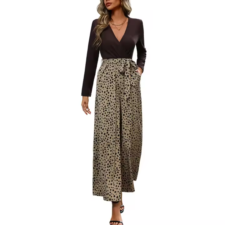Mono de mujer, elegante top de manga larga con cuello en V, pantalones de pierna ancha - 1