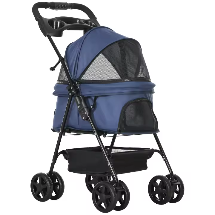 PawHut Cochecito para Mascotas Plegable Carrito para Perros Desmontable Acero Tela Oxford Ruedas Giratorias Frenos Ventana para Perros Gatos Pequeñitos 67x45x96 cm - 1