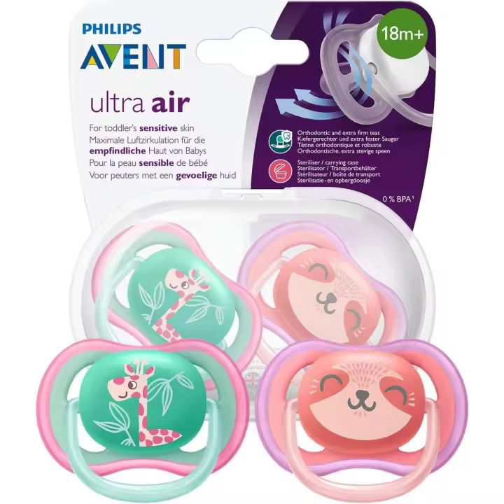 PHILIPS AVENT  - Pack de 2 chupetes Ultra Air - Tetina extrafirme para 18m+ -  Apta para la piel sensible -  Con estuche de esterilización - Color rosa y verde - 1
