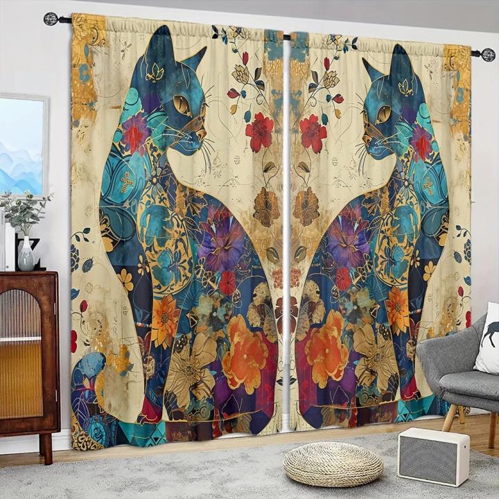 2pcs Cortina De Gato Artístico Para Decoración De Hogar Tratamiento De Ventana Para Dormitorio Oficina Cocina Sala De Estar Y Estudio