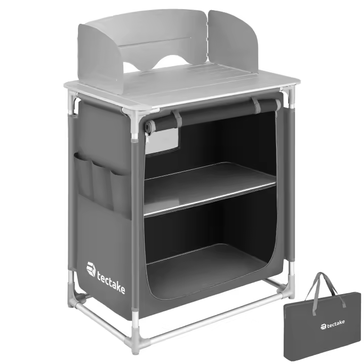Tectake - Cocina de camping 76 x 53,5 x 107 cm  Amplia cocina plegable  Mesa resistente al calor con protectores para el viento  Compartimento con cierre de cremallera y placas interiores reforzadas con aluminio - 1