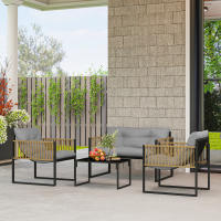 Outsunny Conjunto de Jardín Exterior de Ratán Sintético de 4 Piezas Muebles de Jardín Exterior Incluye Sofá de 2 Plazas 2 Sillones 1 Mesa de Centro de Vidrio con Cojines Gris y Natural - details 1