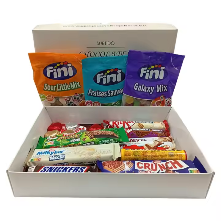 Deliex delicias de Extremadura. Surtido de chuches y chocolates para regalo. Lote de chocolates y gominolas para regalar. Regalo original para mujer y hombre - 1