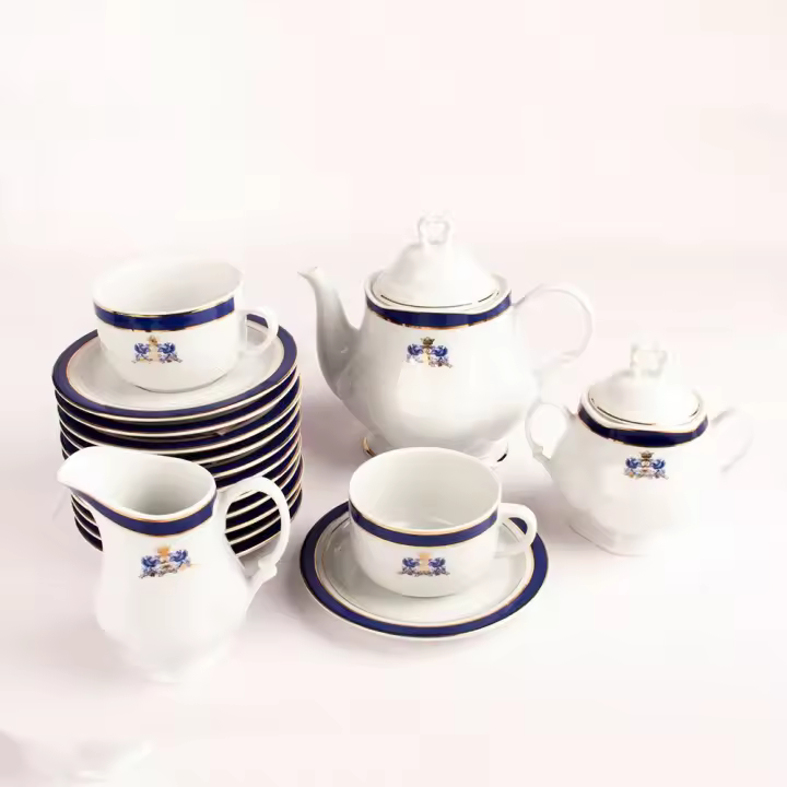 Crc Juego de Té de Porcelana Blanca con Azul Cobalto y Filo de Oro para 12 Personas | Duisburg - 1