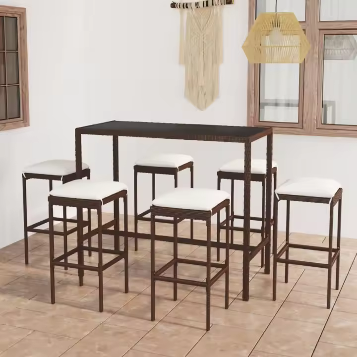 vidaXL Set de bar para jardín 7 pzas y cojines ratán sintético marrón - 1