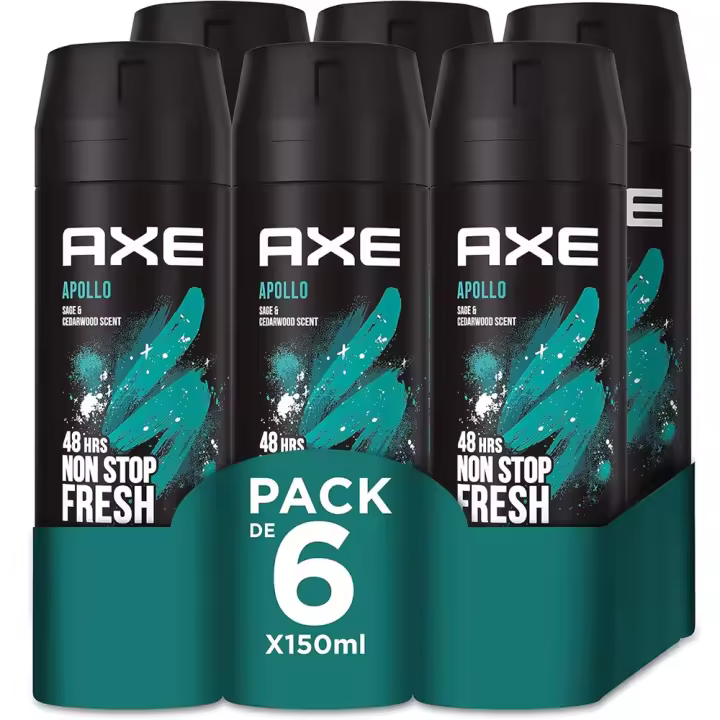 Axe Desodorante para Hombre Bodyspray Apolo 150ml (Pack de 6) - Tecnología Dual Action, Fórmula sin aluminio, Componente antiolor Zinc Complex 6, Huele irresistible a frutas verdes, sándalo y salvia durante 48 horas - 1