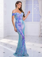 Vestido De Noche De Suelo Azul Con Lentejuelas Romagic Vestido De Boda De Hombros Descubiertos Exquisito Vestido De Fiesta Prom Para Mujeres Sin Mangas Silueta De Sirena - details 11