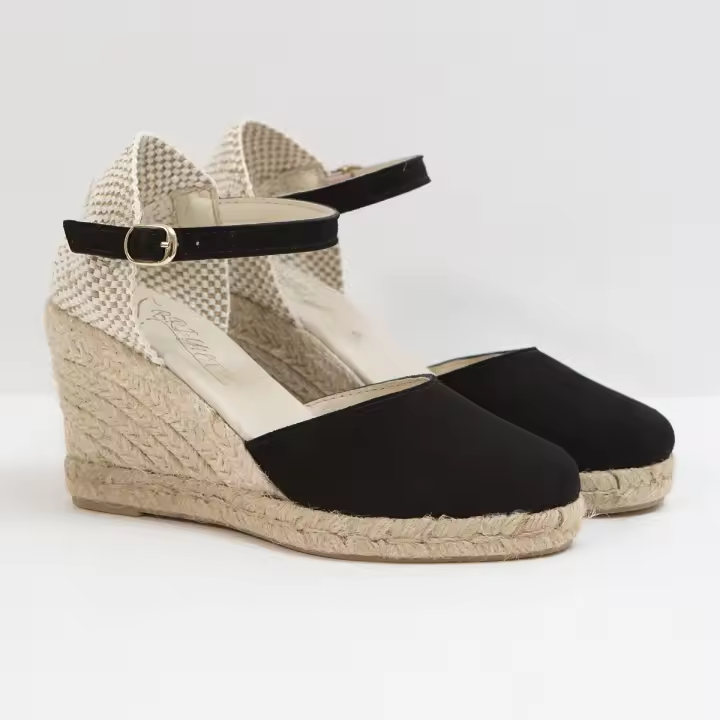 Alpargata de Cuña Negra de Ante con Diseño Elegante y Sujección Regulable Al Tobillo - 1