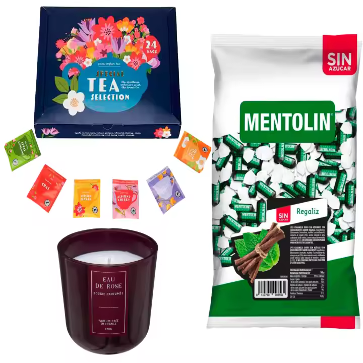 Pack surtido: MENTOLIN REGALIZ S/A BOLSA 1KG + Vela perfumada rosa de silicona 170 g + Set de Te con 24 bolsitas con diferentes sabores y aromas - 1