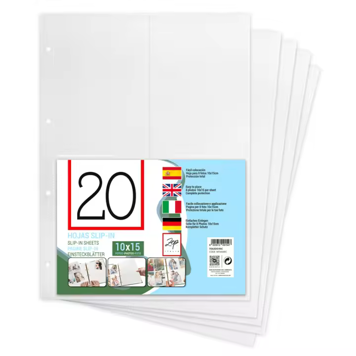 Hojas Slip-In para fotos 10x15 cms, recambio compatible con álbum de anillas, para conservar tus recuerdos y fotos favoritas - 20 hojas. Fácil colocación, protección total - 1