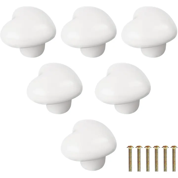 Paquete de 6 pomos de cerámica con forma de corazón para muebles, cajones y armarios (blancos). - 1