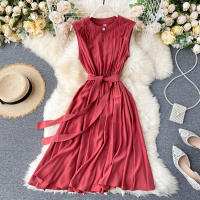 Vestido De Mujer YuooMuoo Estilo Coreano Verano 2025 Casual Sólido Sin Mangas Cinta Bandage Negro Vintage Elegante Vestido Midi O-Neck - details 7