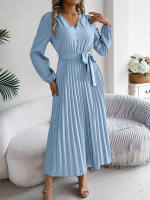Vestido Elegante De Mujer Con Botones Y Cuello En V Manga Larga Plegado Con Cierre De Lazo Estilo Casual A-Line Para Primavera/Otoño - details 2