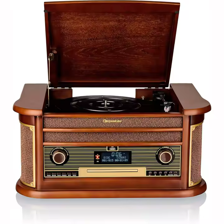 Roadstar HIF-1996D+BT Tocadiscos de Vinilo Vintage, Acabado Madera, Radio DAB DAB+ FM, Reproductor CD, Cassette, USB, , Madera - 1