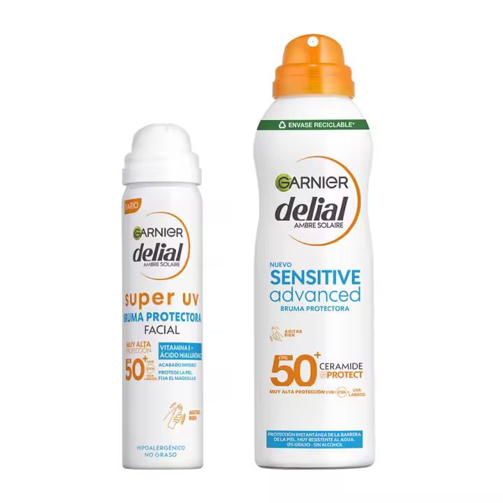 GARNIER | Delial Pack Sensitive Advanced Bruma Protectora Solar para pieles claras, sensibles e intolerantes al sol IP50+. Muy resistente al agua, 0% pegajoso, 0% graso +  SUPER UV FPS50+ Bruma Protectora Facial con Textura Invisible - 75+150 ml - 1