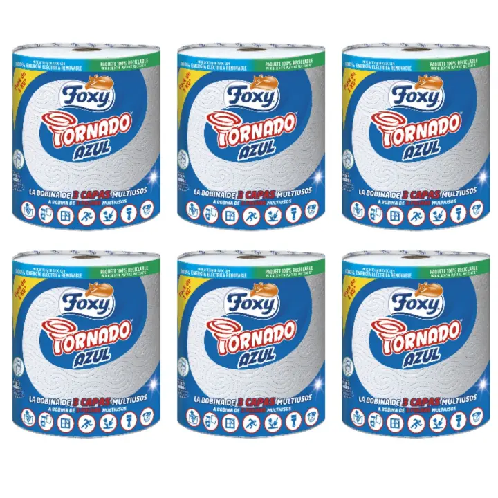 Papel de Cocina FOXY Tornado Azul Extra Resistente - 6 Rollos, 3 Capas - 1