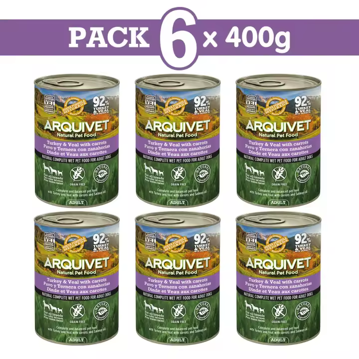 PACK 6 unidades - Adult - Pavo y ternera con zanahorias y aceite de salmón - Lata de comida húmeda para perros adultos - 400 g - 1