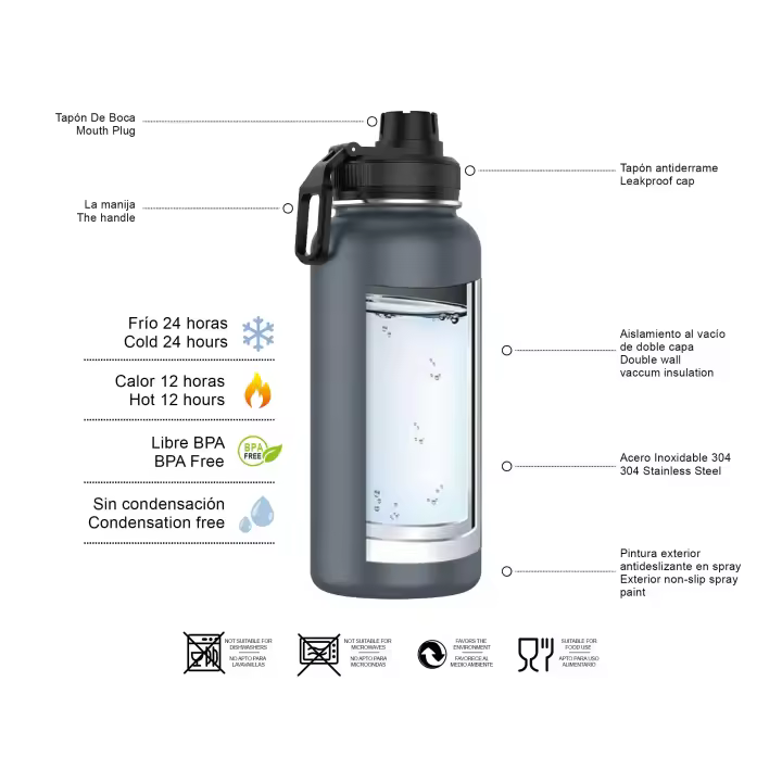 MOV Botella Termo de Acero Inoxidable 1 Litro Deportiva (10 Colores) - Botella de Agua Térmica Reutilizable | Sin BPA | Mantiene 24H Frio / 12H Calor | Termo y Hermética - Doble Pared a Prueba de Fugas (YD550 YD1000 999 1199) - 1