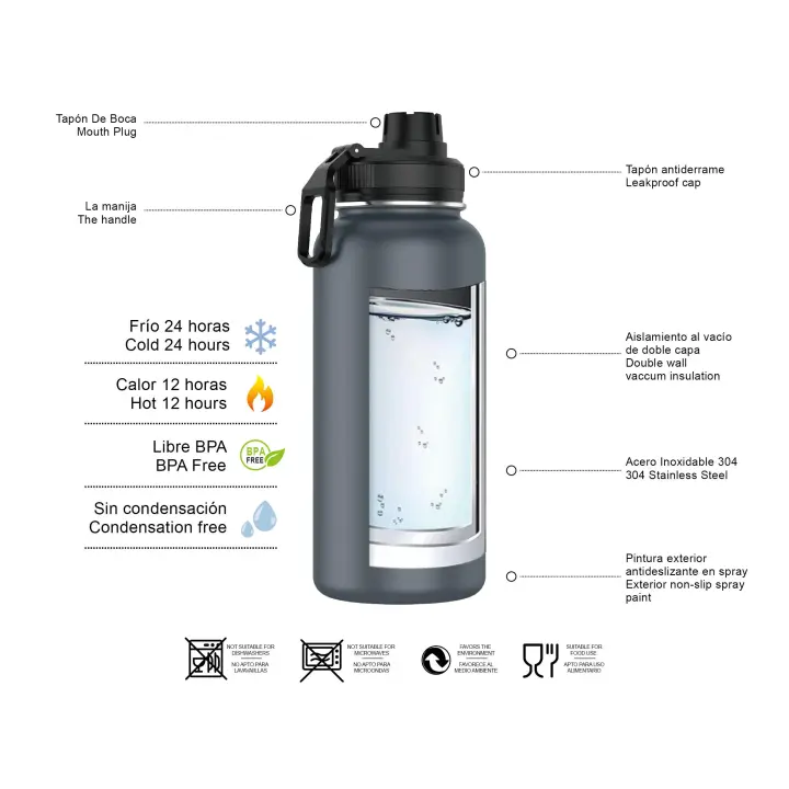 MOV Botella Termo de Acero Inoxidable 1 Litro Deportiva (10 Colores) - Botella de Agua Térmica Reutilizable | Sin BPA | Mantiene 24H Frio / 12H Calor | Termo y Hermética - Doble Pared a Prueba de Fugas (YD550 YD1000 999 1199) - 1