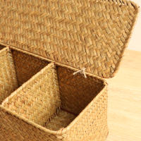 Cesta De Almacenamiento Tejida a Mano Con Tapa Para Ropa Y Polvo Caja Rectangular Organizador De Sundries Con 3 Secciones - details 3