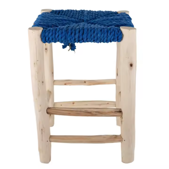 Silla Árabe de Madera de Limonero y Cuerda Azul Confeccionada 100% A Mano - 42x30x30cm -  ECO Friendly - Hecho en Marruecos | Taburete para Cocina y Bar - Entrega 24h - Artesanía Marroquí Auténtica Desde 1986 - 1