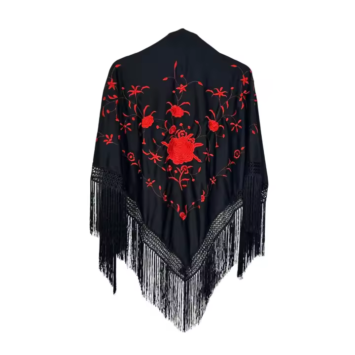Mantón de manila de pico negro con bordado rojo (160cm x 80cm sin fleco) - 1