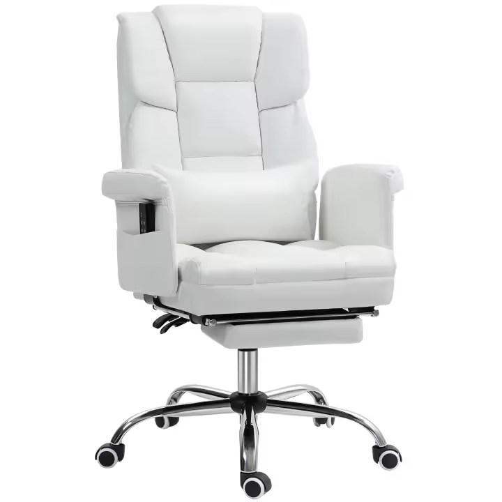 HOMCOM Silla de Oficina con 6 Puntos de Masaje Silla de Masaje Giratoria Silla de Escritorio con Reposapiés Retráctil Altura Ajustable Control Remoto y Soporte Lumbar Tejido de PU Blanco - 1